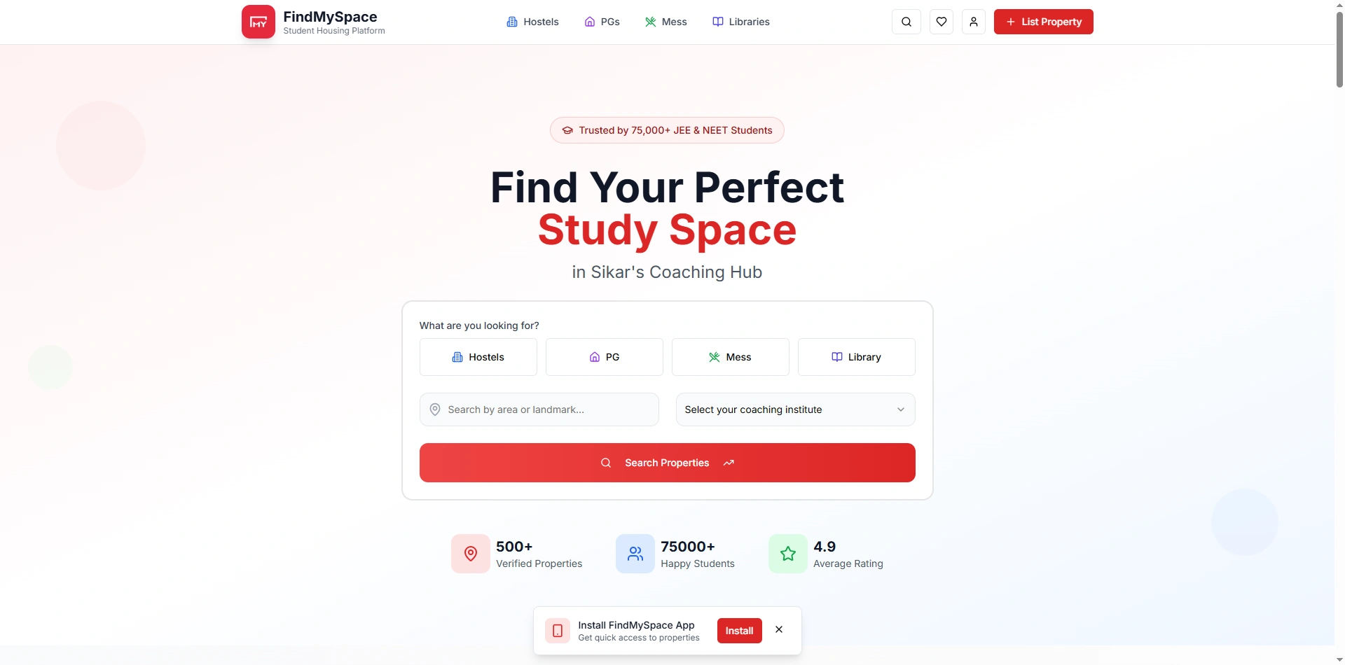 FindMySpace – Student Housing & Study Space Platform