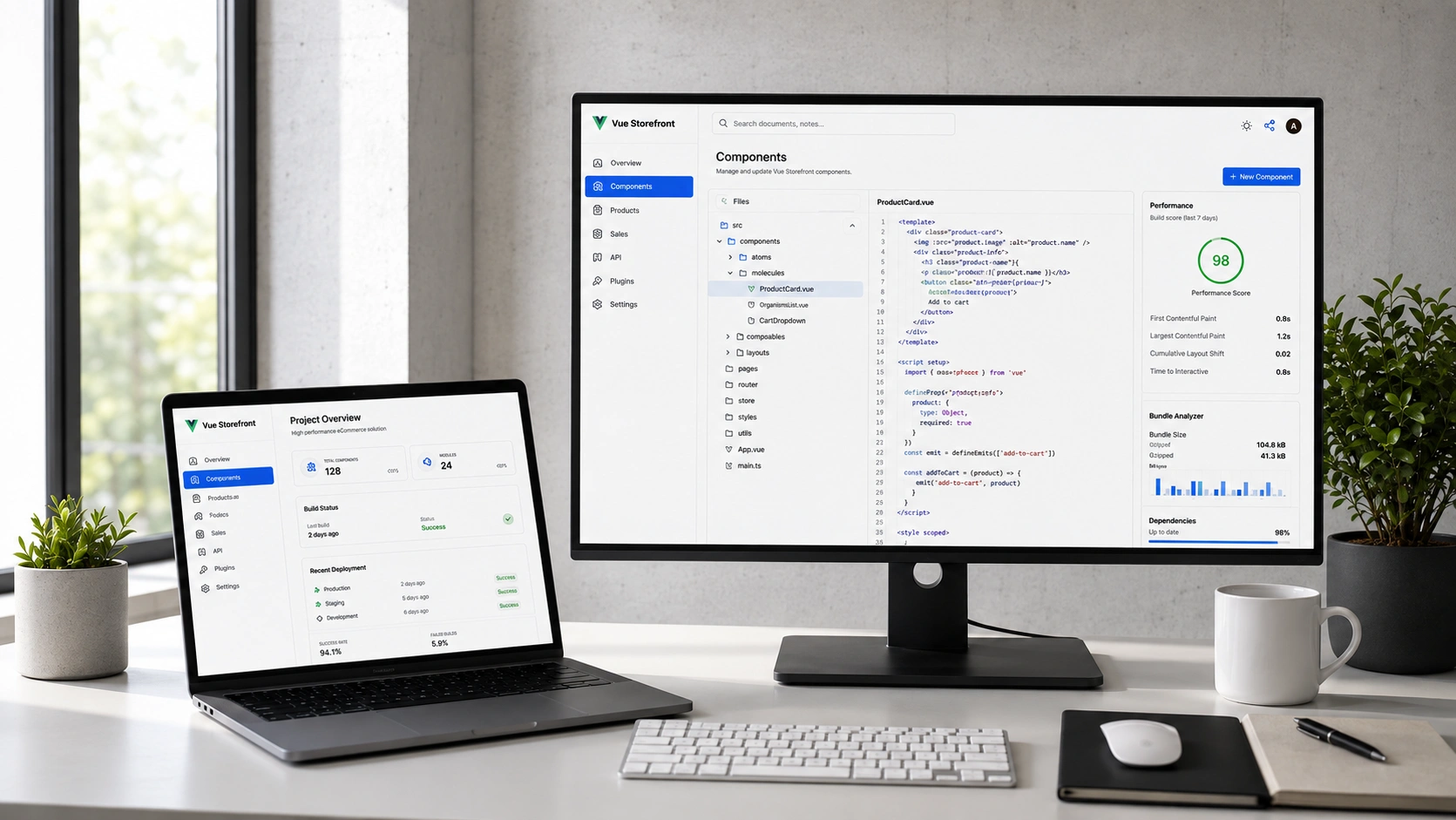 Vue.js and Nuxt.js frontend development dashboard on desktop and laptop